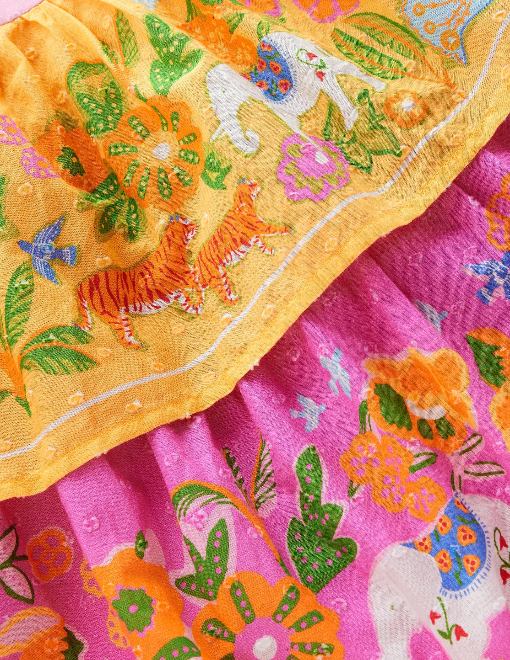 Gewebtes Stufenkleid mit Rüschen-Sonnenblumengelb Dschungel Tiere-4