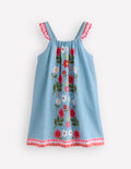 Sommerkleid mit Rüschenträgern-Vintage-Blau Blumenmuster
