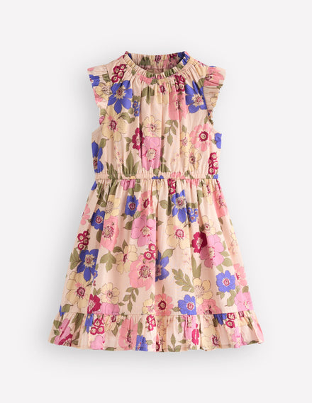 Gerafftes, gewebtes Kleid-Rosa Blumenmuster