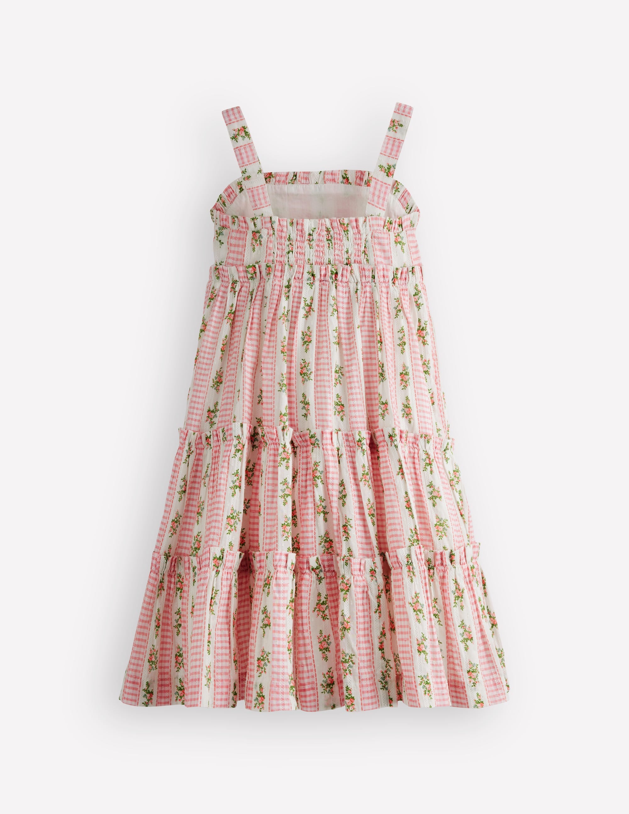 Gestuftes Midi-Sommerkleid-Sanftes Naturweiß Vichykaro Blumenmuster - Image 2