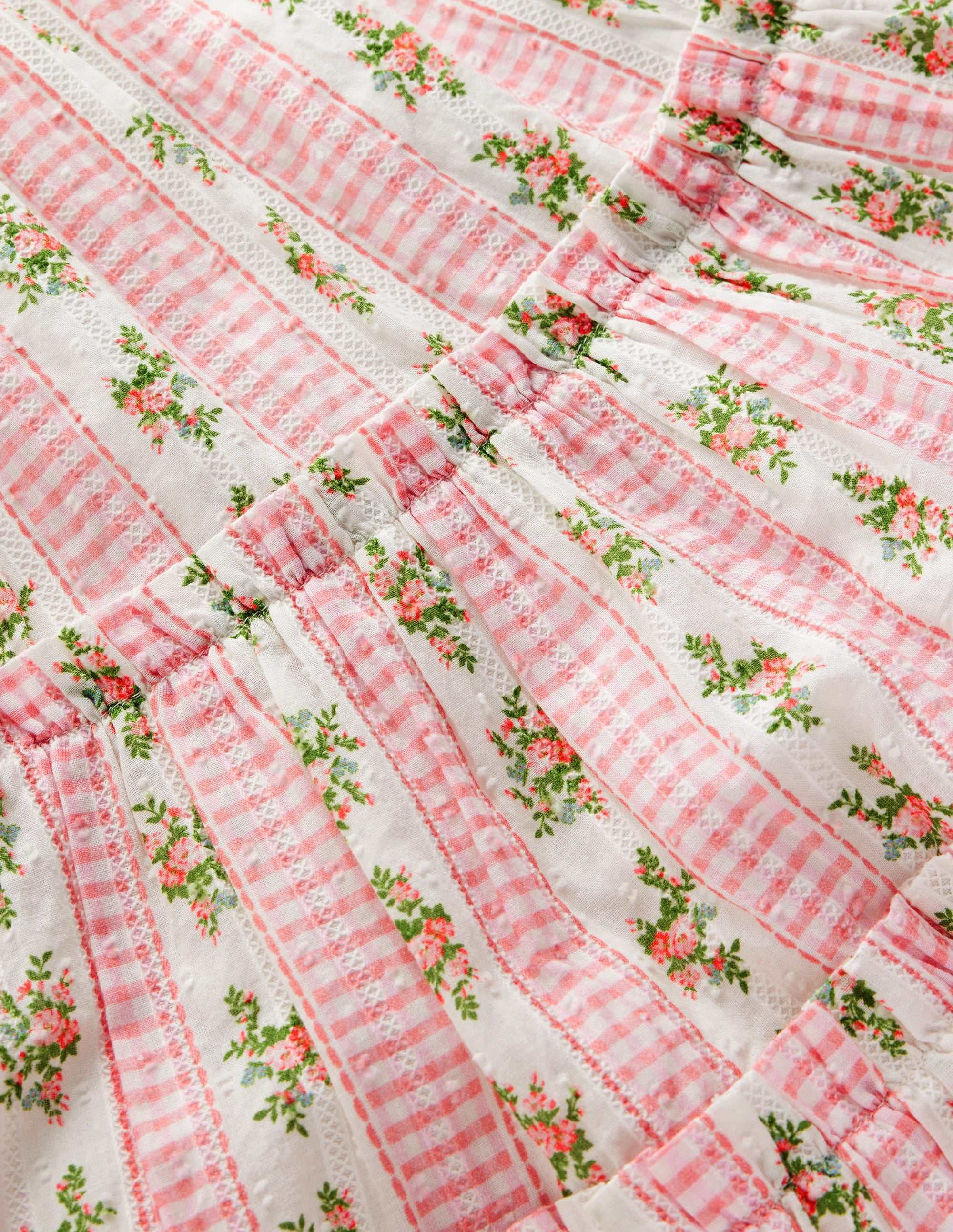 Gestuftes Midi-Sommerkleid-Sanftes Naturweiß Vichykaro Blumenmuster - Image 3