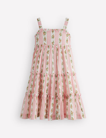 Gestuftes Midi-Sommerkleid-Sanftes Naturweiß Vichykaro Blumenmuster
