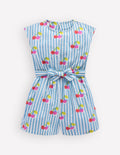 Combishort tissé noué à la taille-Rayé cerise bleu