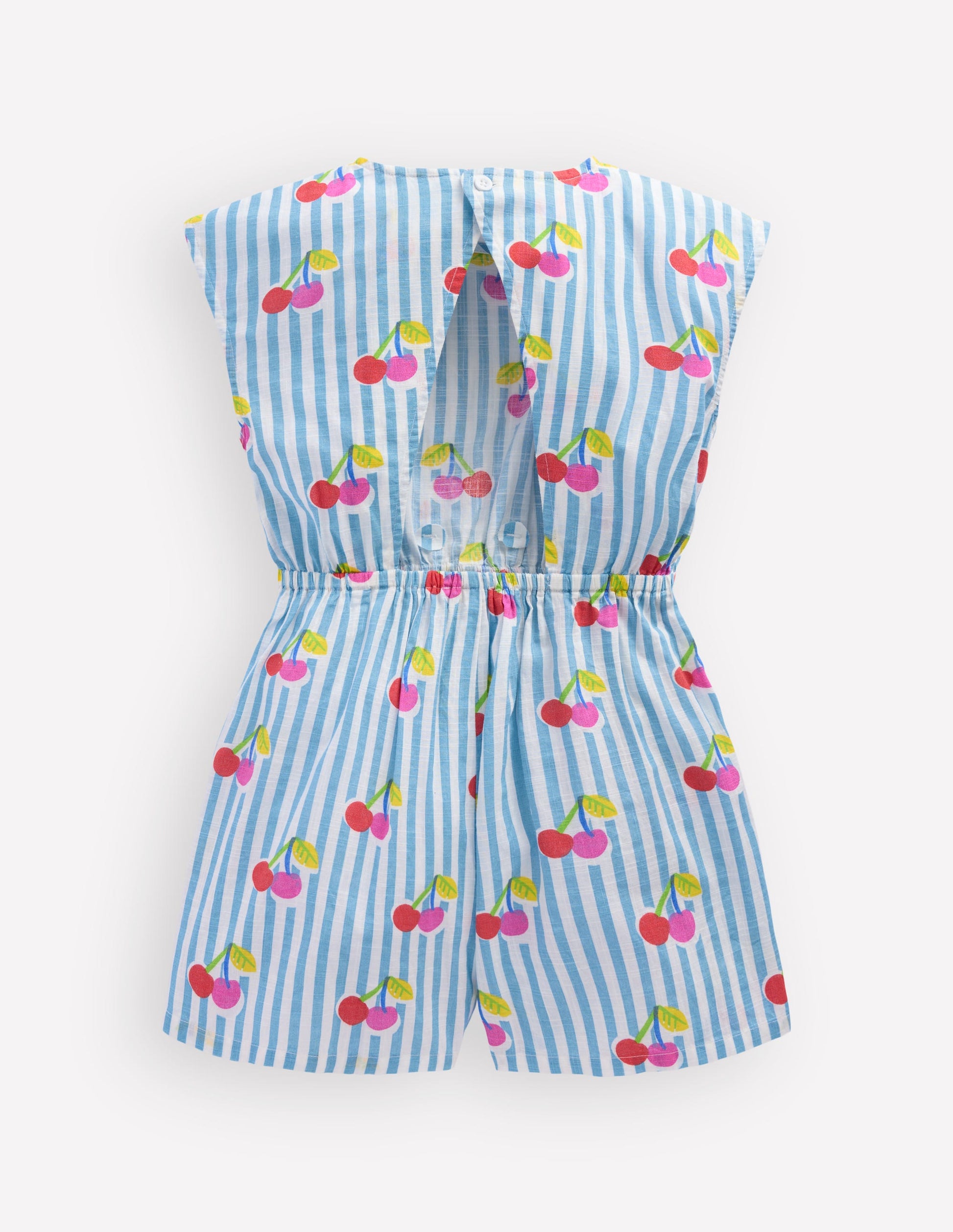 Gewebter Jumpsuit mit Bindegürtel-Blau Kirsche Streifen-3