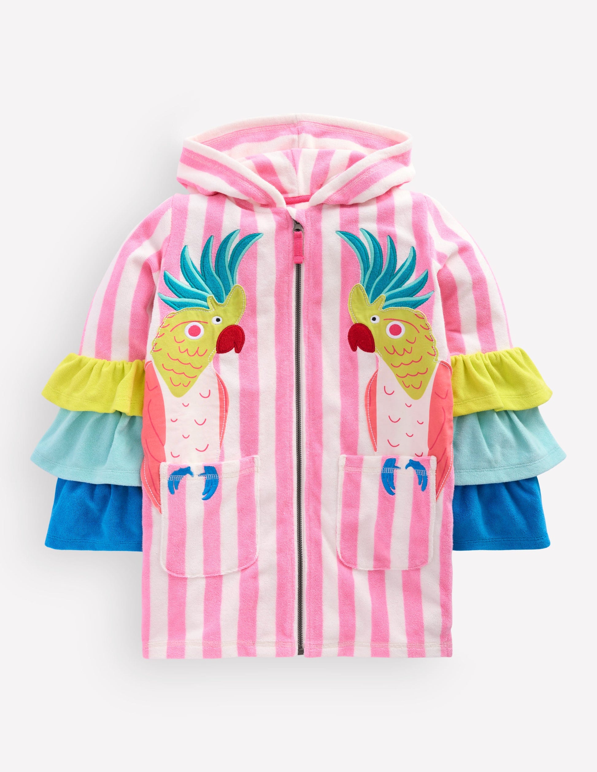 Romie Origineller Frottee-Badeponcho mit Reißverschluss-Streifen Rüschen Papageien-2