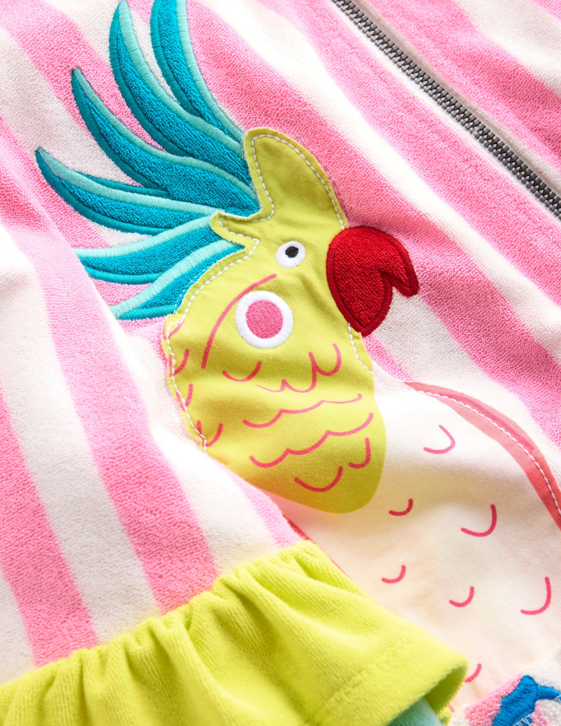 Romie Origineller Frottee-Badeponcho mit Reißverschluss-Streifen Rüschen Papageien-4