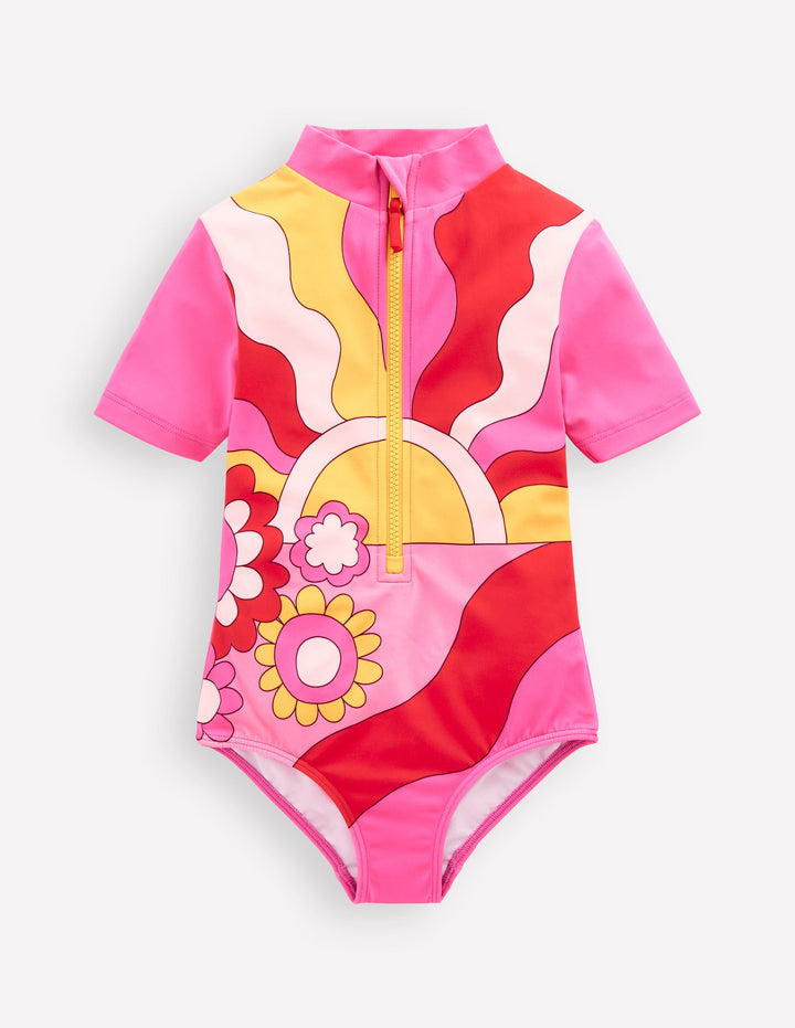 Maillot de bain à manches courtes-Motif Sixties Sunrise rouge cannelle