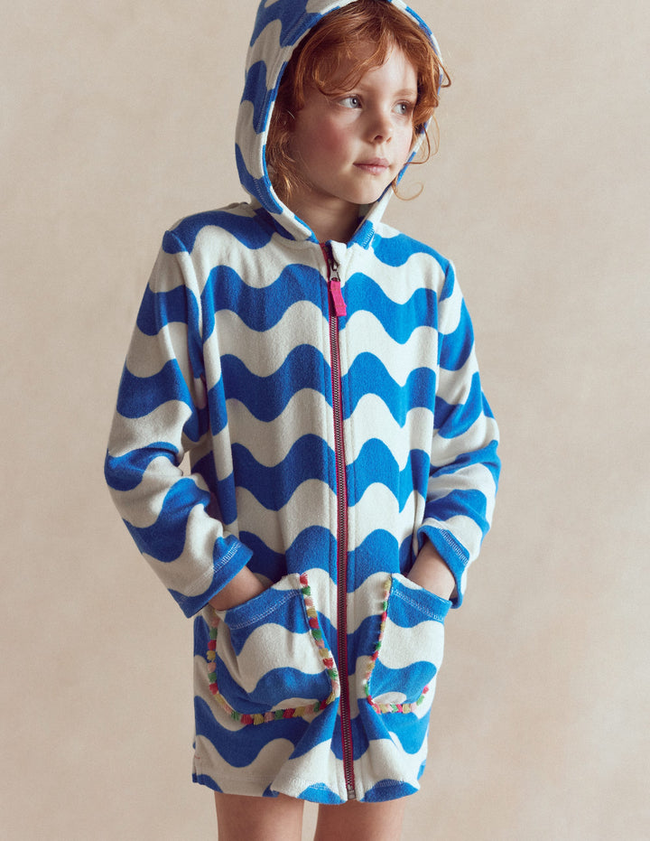 Romie Frottee-Badeponcho mit Reißverschluss-Blau und Naturweiß Wellen