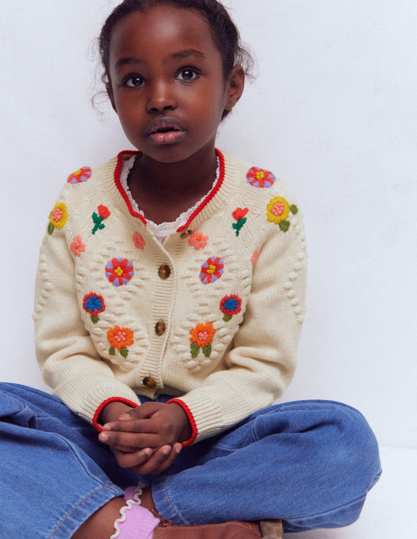 Gilet brodé en coton-Écru Chiné Fleurs