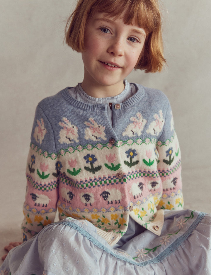 Edie Fair-Isle-Strickjacke-Gletscherblau Hase Fair-Isle-Muster