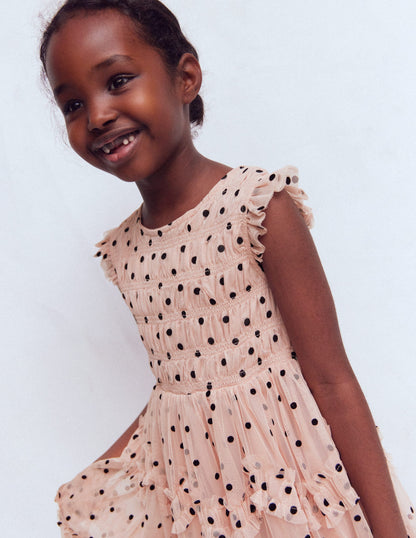 Kleid mit Tüllschleifen für besondere Anlässe-Rosé Rauchgrau Beflockt Punkte-2