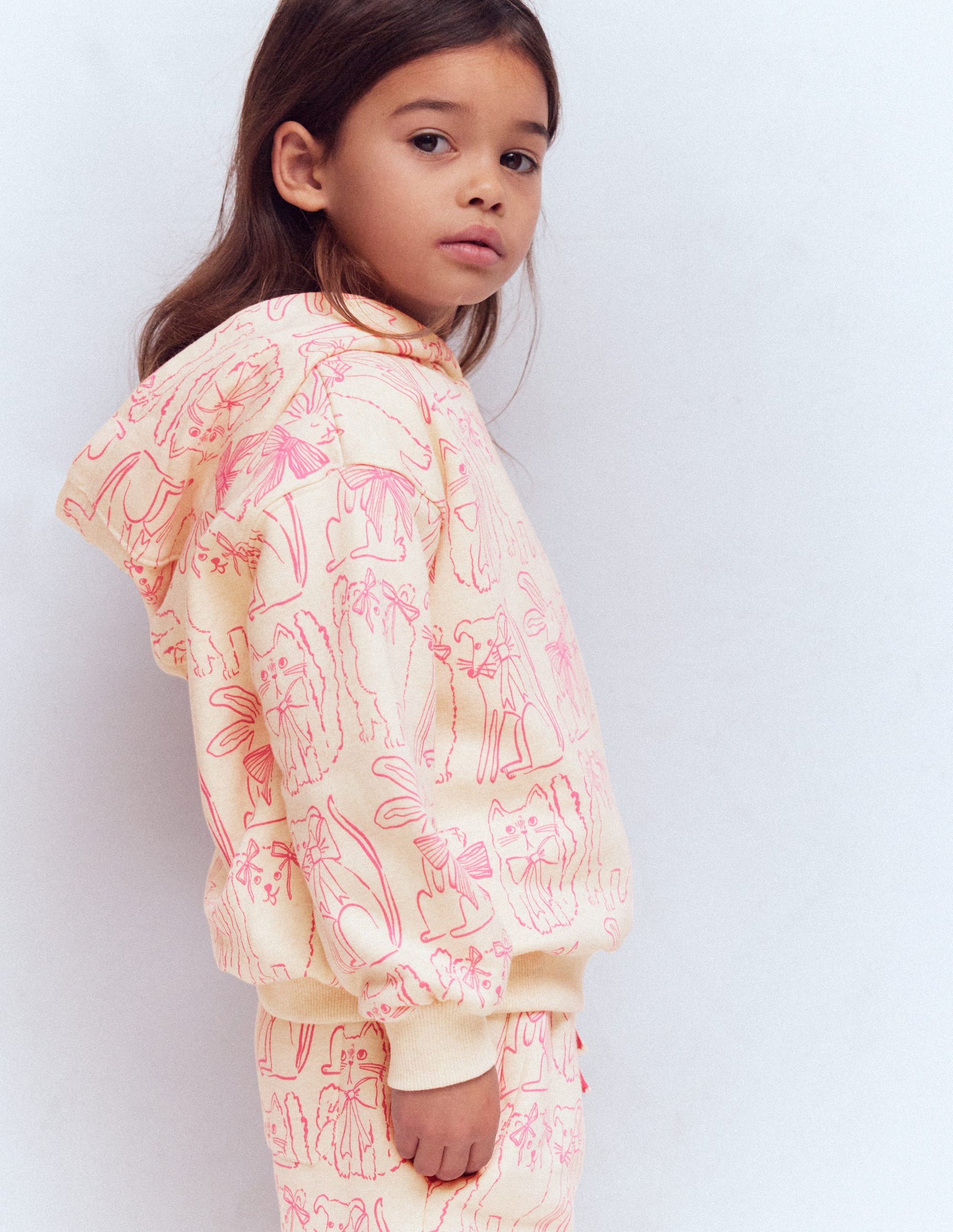 Bedruckter Kapuzenpullover-Haferbeige Haustiere-1