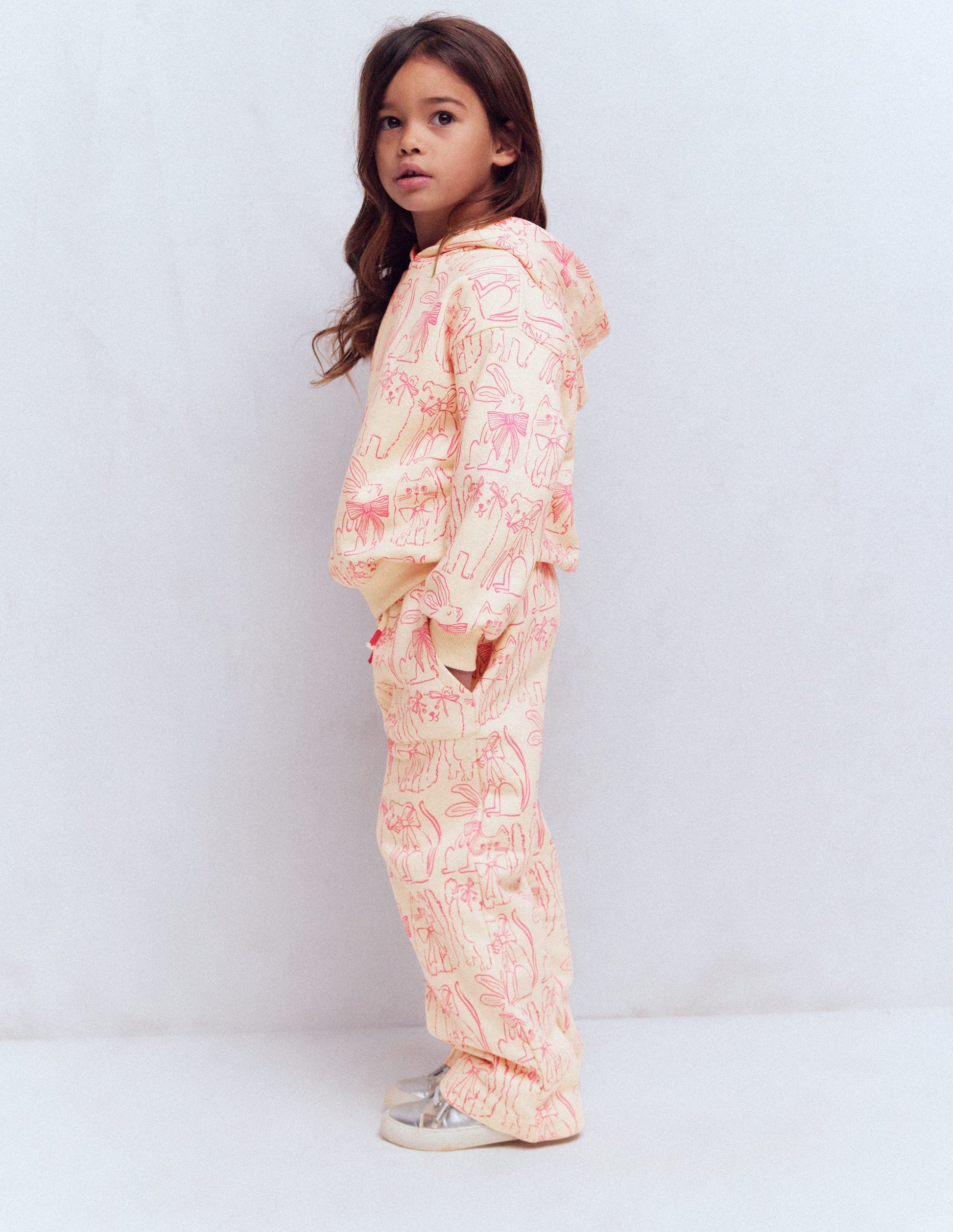 Bedruckter Kapuzenpullover-Haferbeige Haustiere-3