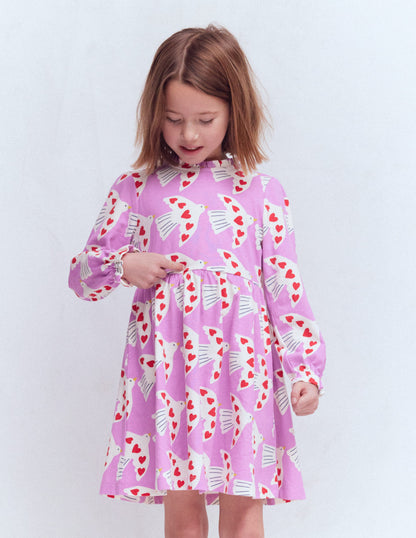 Jerseykleid mit Blousonärmeln-Blasses Stiefmütterchen Liebesvögel-1