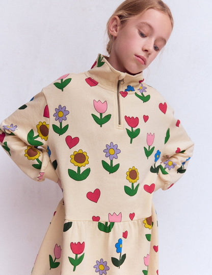 Sweatshirt-Kleid mit halbem Reißverschluss-Kaliko-Weiß Sonnenblumengarten-1