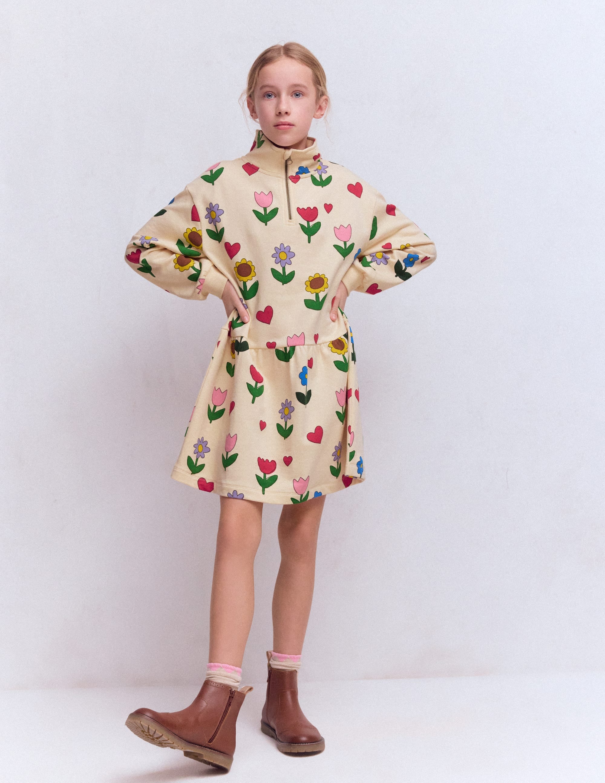 Half Zip Sweat Dress-Calico White Sunflower Garden - Image 3