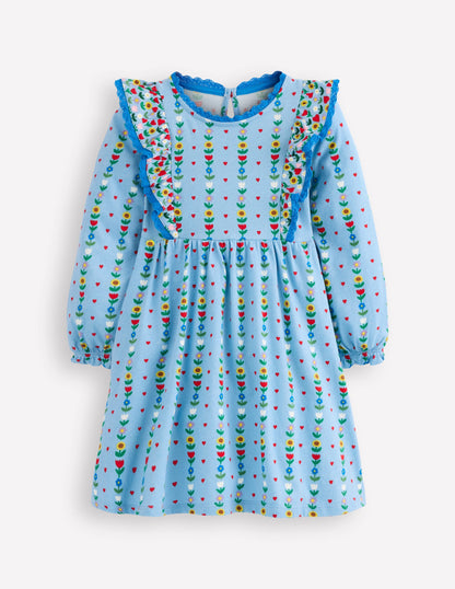 Robe à manches longues et volants-Motif Garden Stripe bleu glacier-1