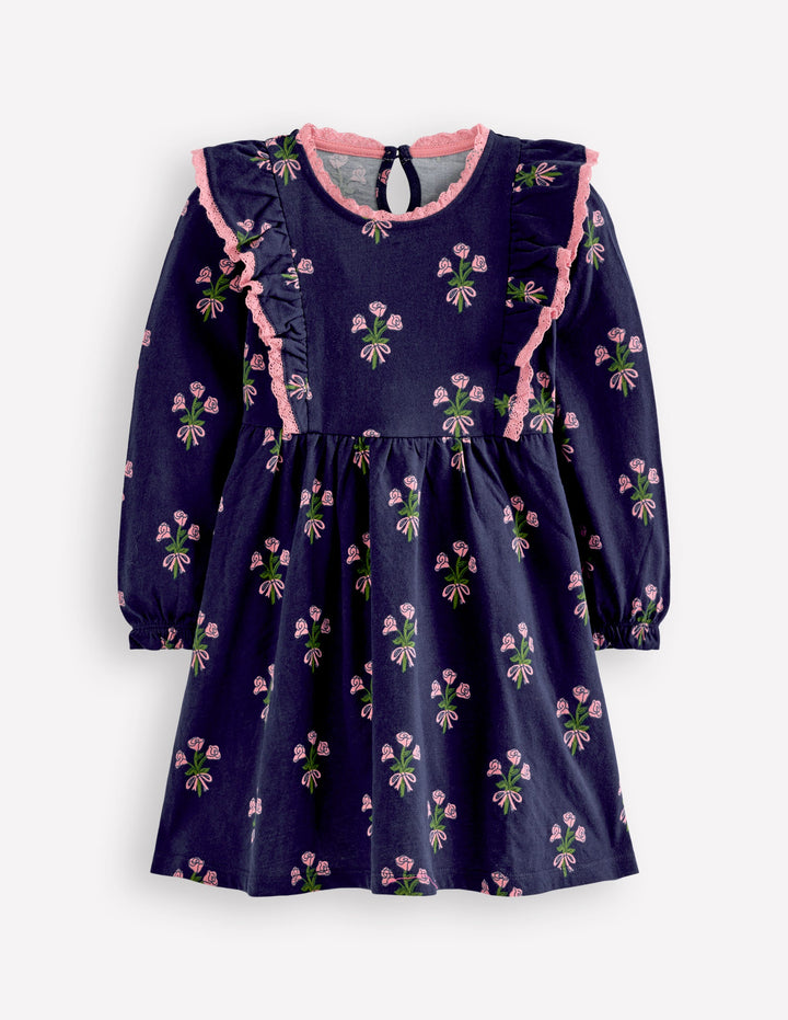 Long Sleeve Ruffle Dress-College Navy Posy