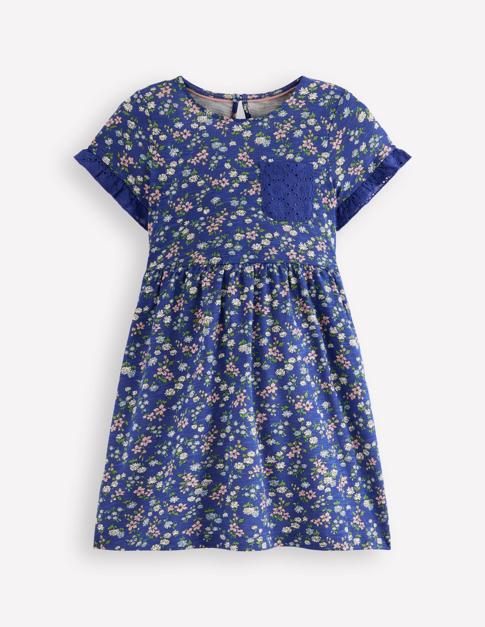 Jerseykleid mit Tasche aus Lochstickerei-Saphirblau Wiese Blumenmuster - Image 1