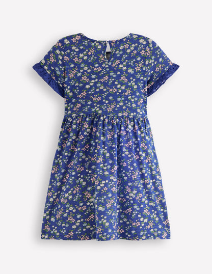 Jerseykleid mit Tasche aus Lochstickerei-Saphirblau Wiese Blumenmuster-2