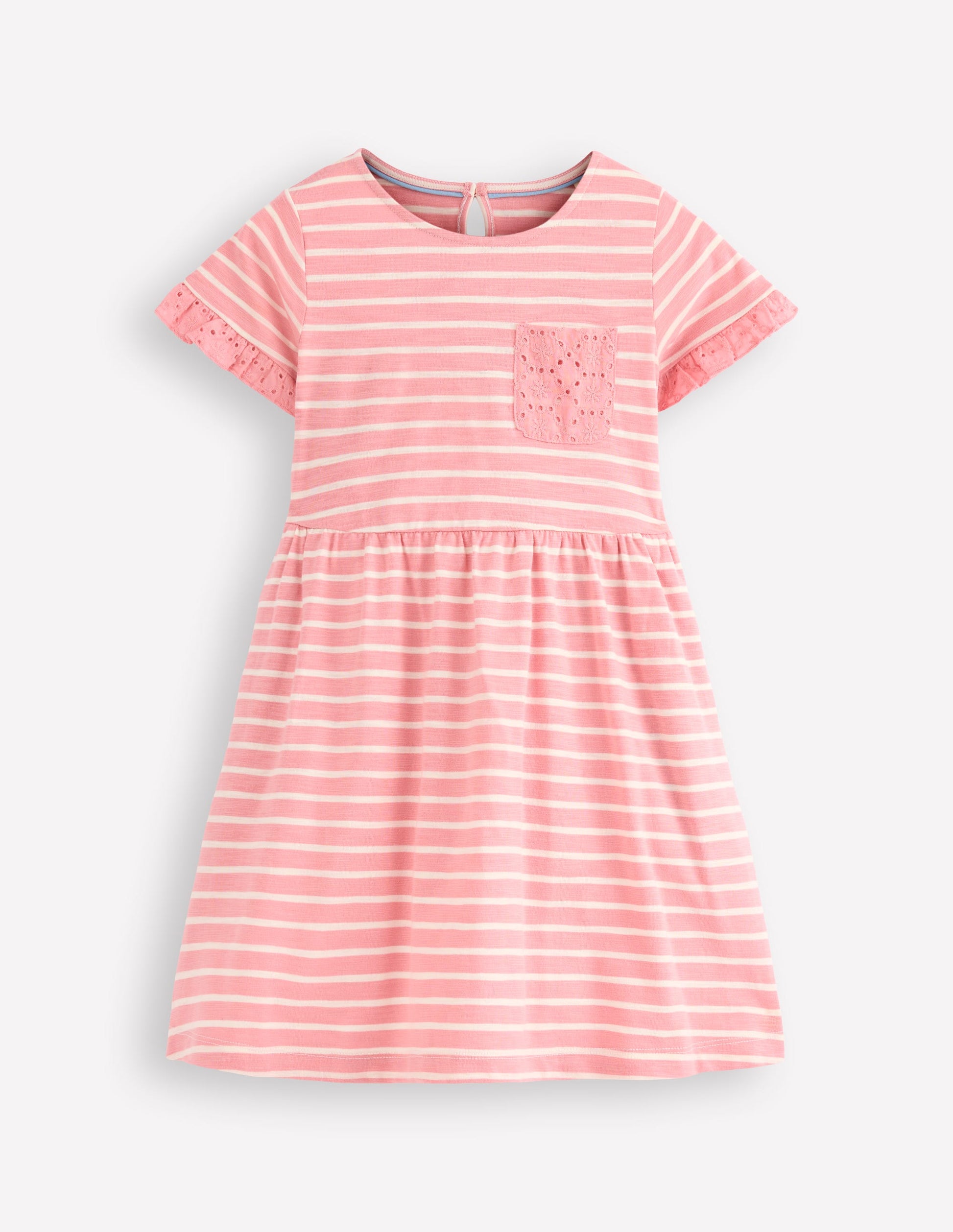 Robe en jersey à poche et broderie anglaise-Rayé rose amande-1