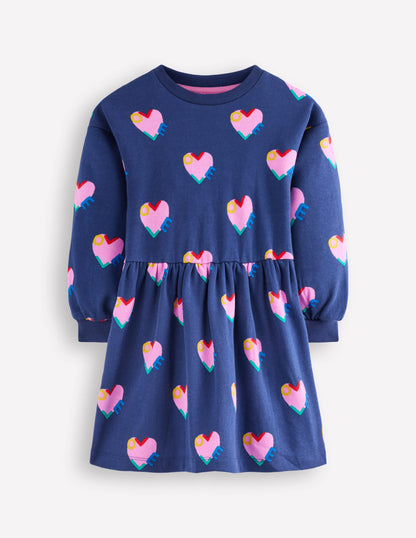 Drop Shoulder Sweat Dress-Starboard Blue Love Hearts-1