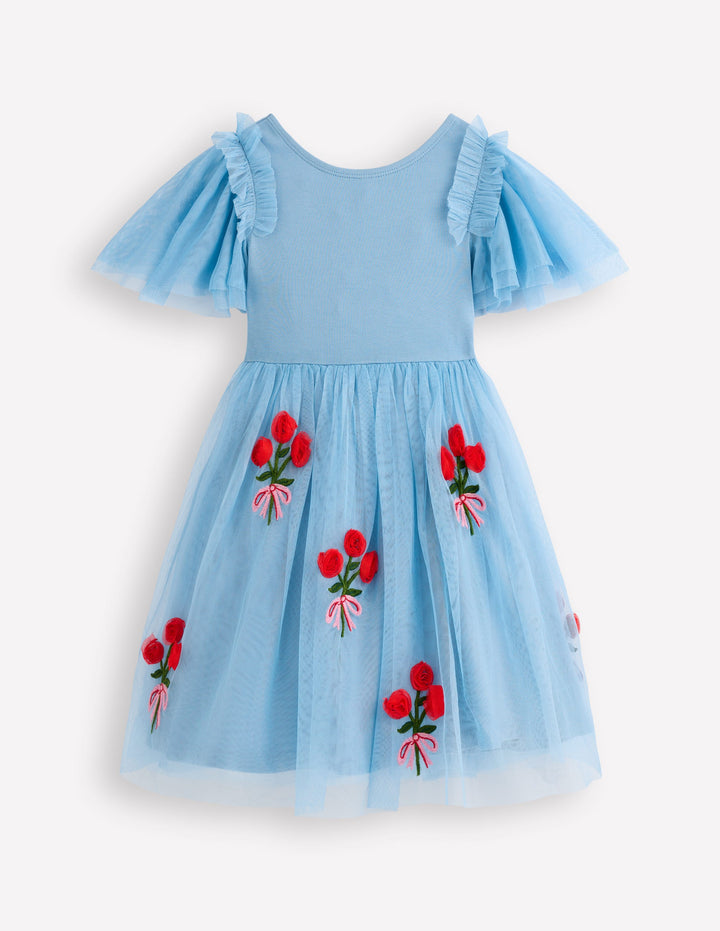 Kurzärmliges Tüllkleid mit Logo-Gletscherblau Rosen