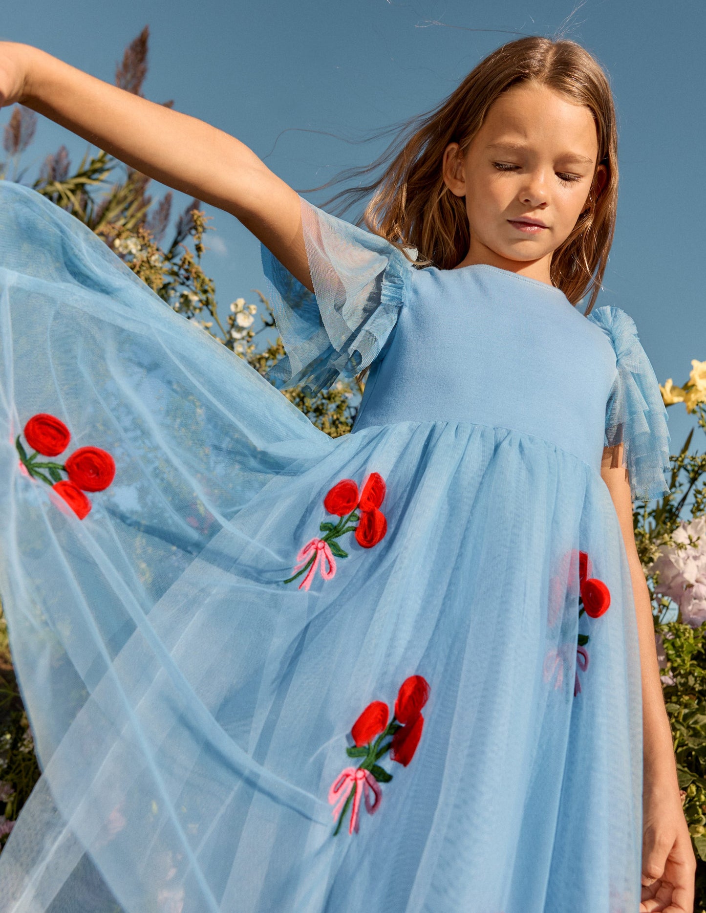 Kurzärmliges Tüllkleid mit Logo-Gletscherblau Rosen