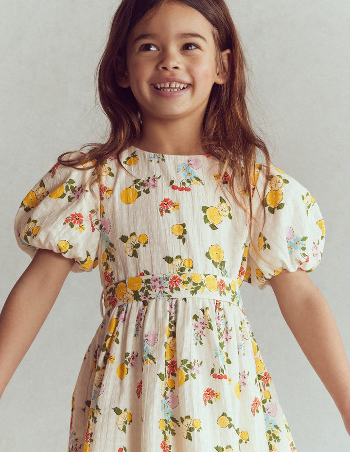 Schärpenkleid im Vintage-Stil-Sanftes Naturweiß Zitrone Blumenmuster
