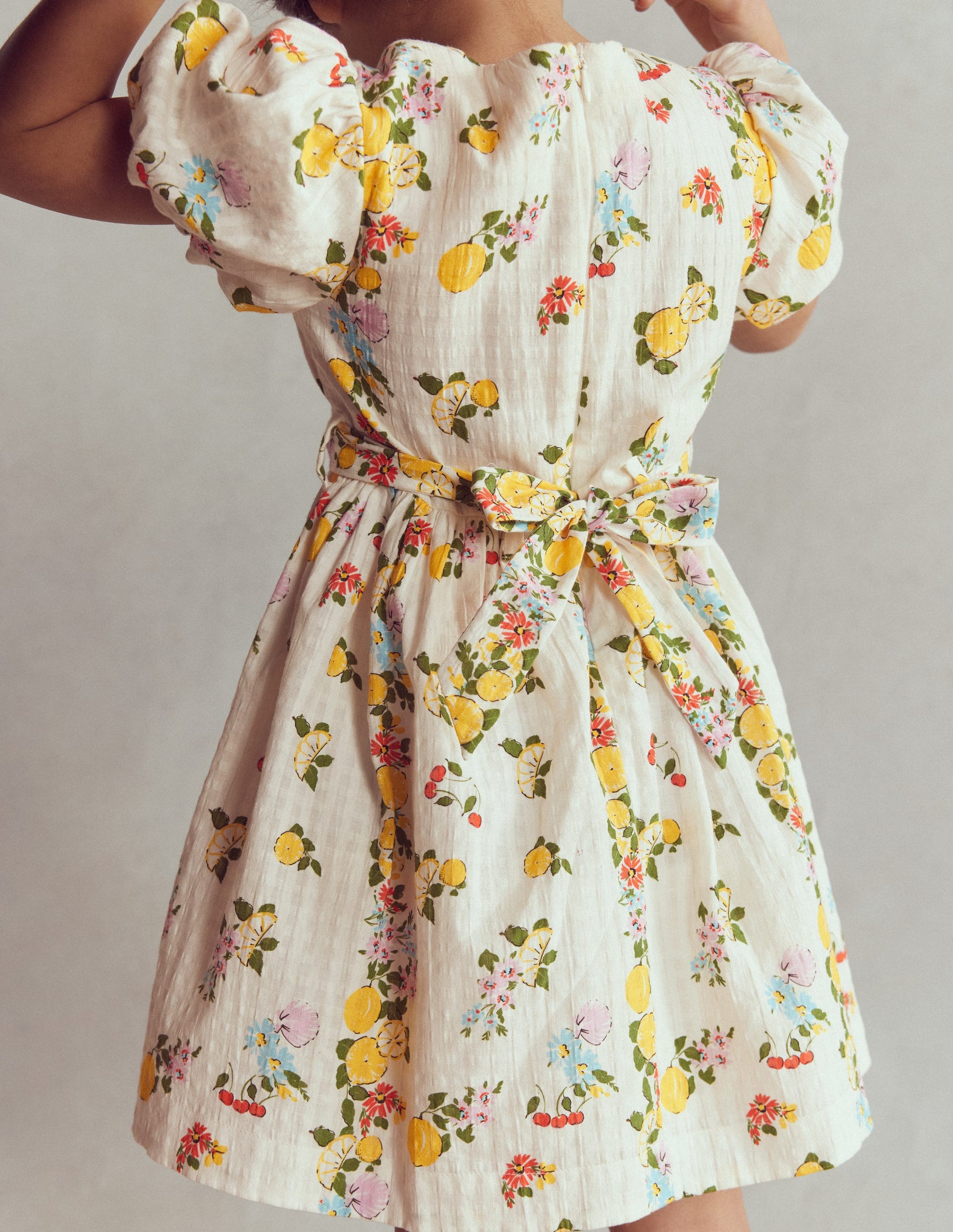 Schärpenkleid im Vintage-Stil-Sanftes Naturweiß Zitrone Blumenmuster-2