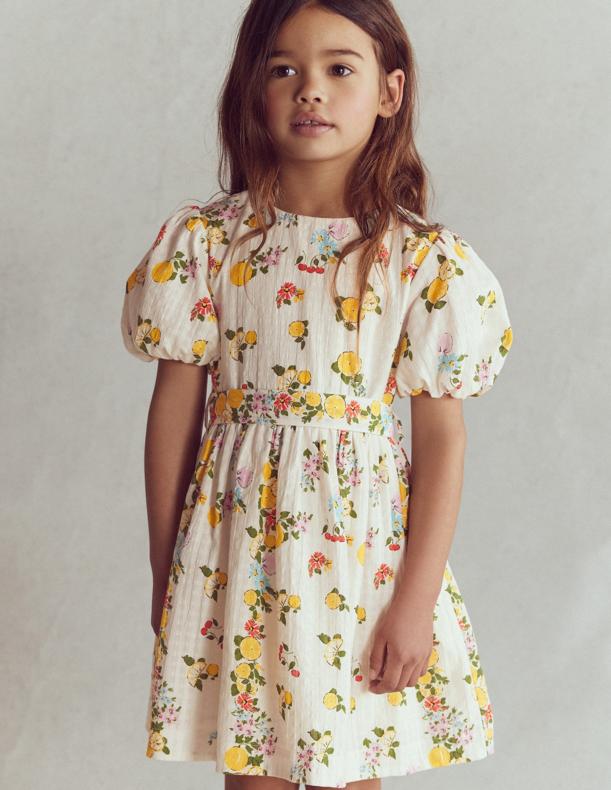 Schärpenkleid im Vintage-Stil-Sanftes Naturweiß Zitrone Blumenmuster-3