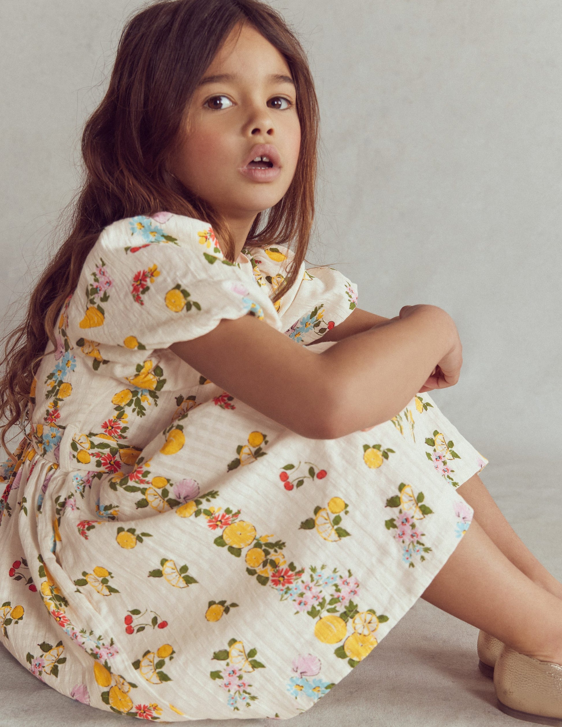 Schärpenkleid im Vintage-Stil-Sanftes Naturweiß Zitrone Blumenmuster-5