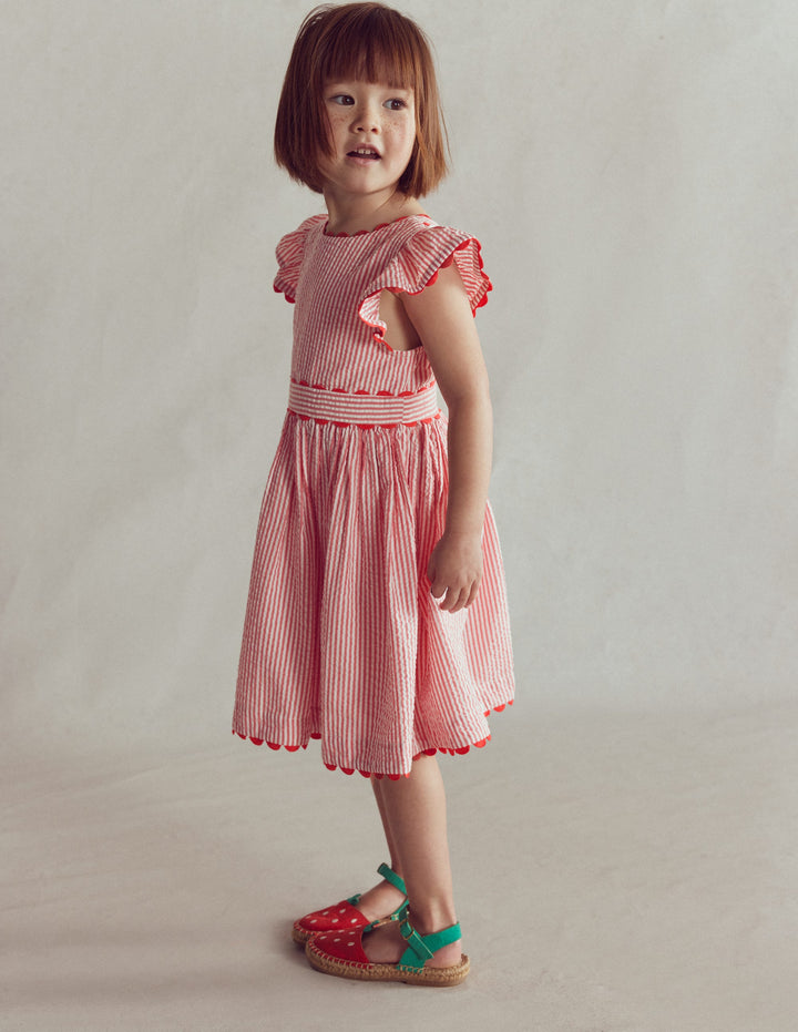 Flatterkleid mit Zackenlitze-Rot mit Streifen