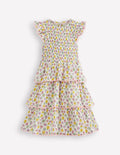 Robe tissée à dentelle et volants-Motif Rosa ivoire doux