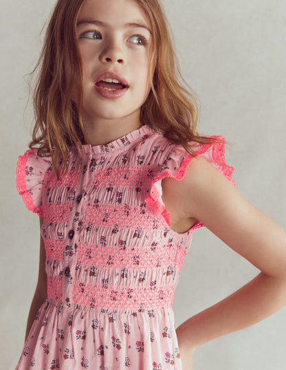 Midikleid mit gesmoktem Oberteil-Kreiderosa Gänseblümchenkette-2