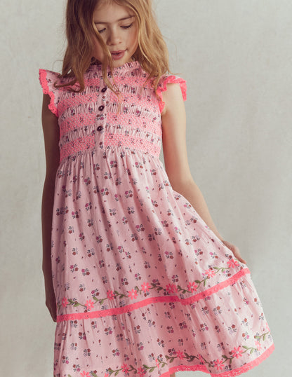 Midikleid mit gesmoktem Oberteil-Kreiderosa Gänseblümchenkette-3