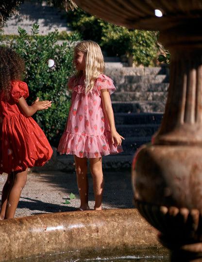 Tüllkleid mit Druck-Vintage-Rosa Erdbeere Stempel-1