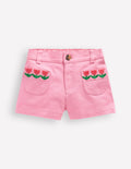 Short à poches plaquées-Denim brodé rose