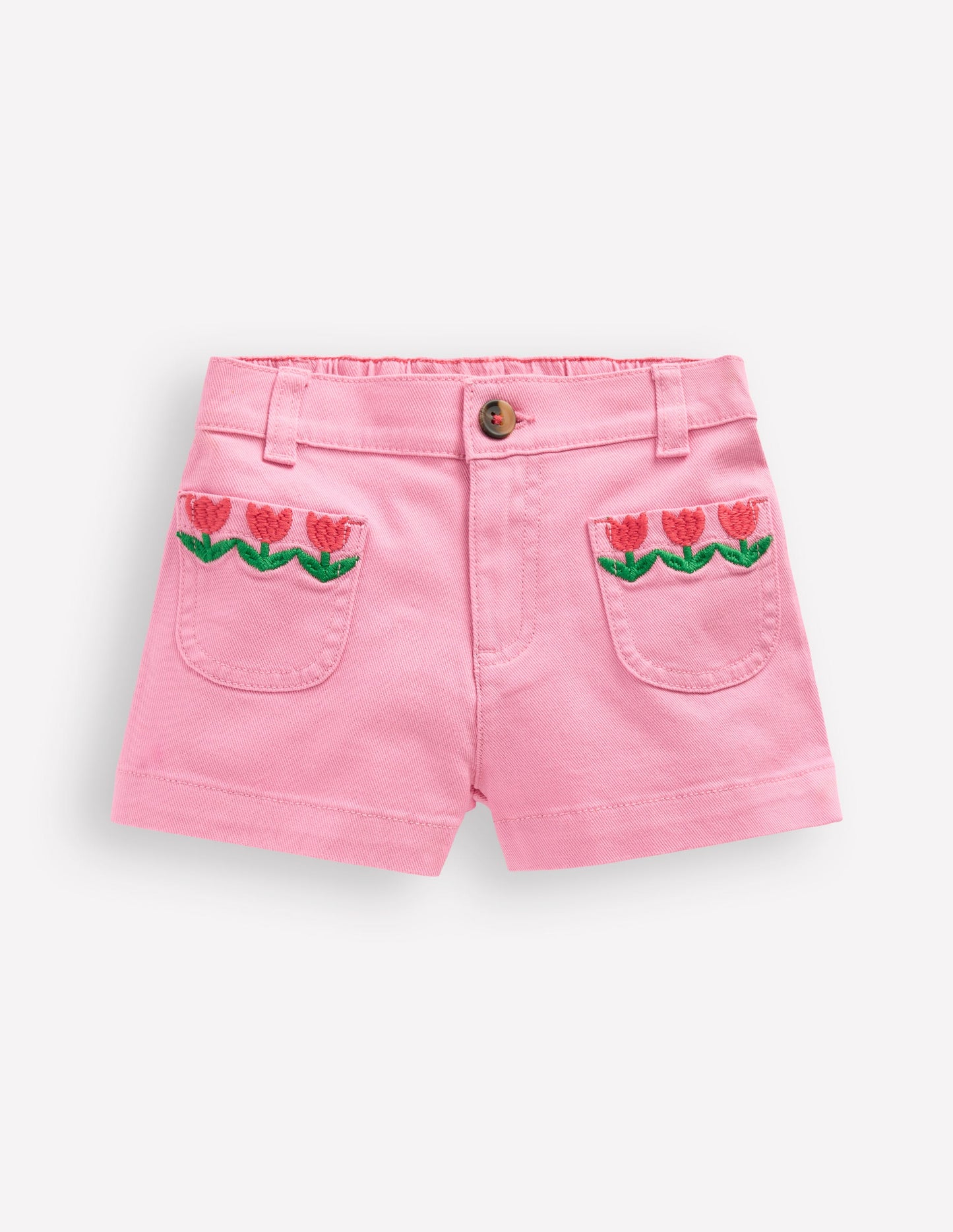 Patch Pocket Shorts-Pink Embroidered Denim