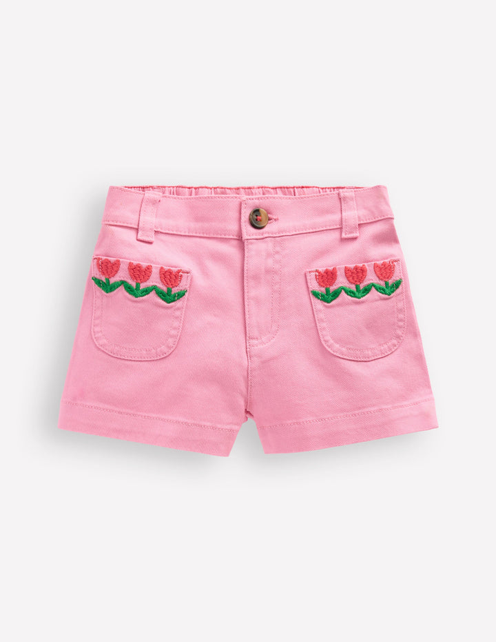 Patch Pocket Shorts-Pink Embroidered Denim