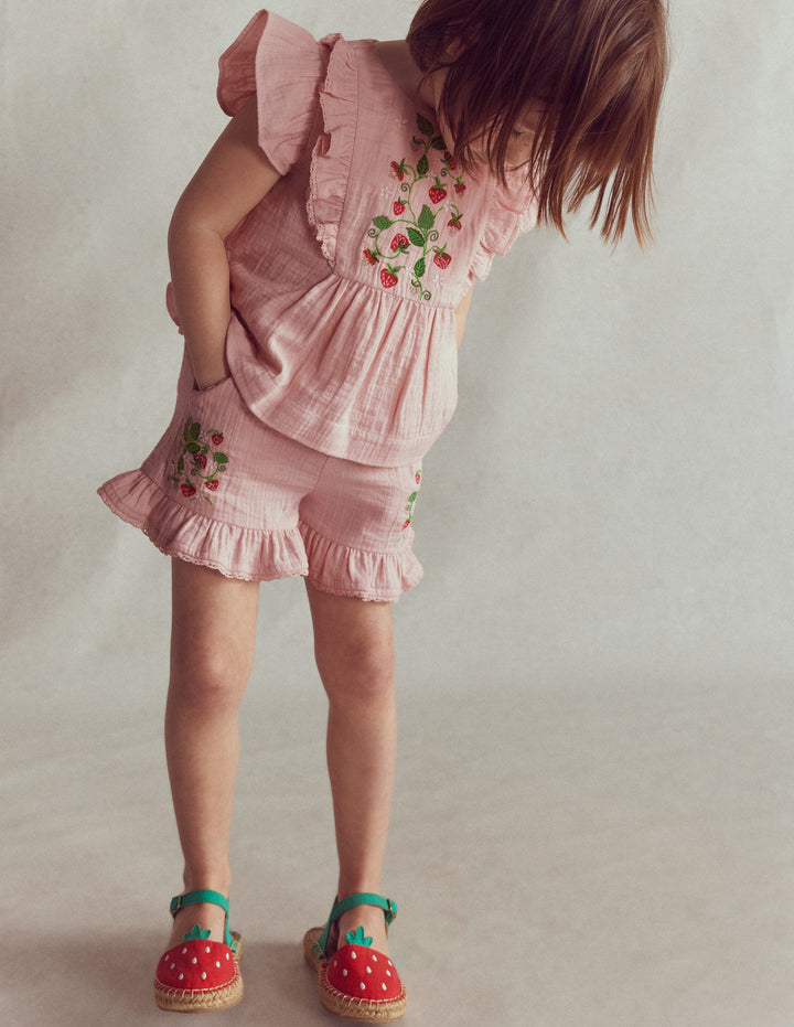 Gewebte Shorts mit Rüschen-Lotus Erdbeere