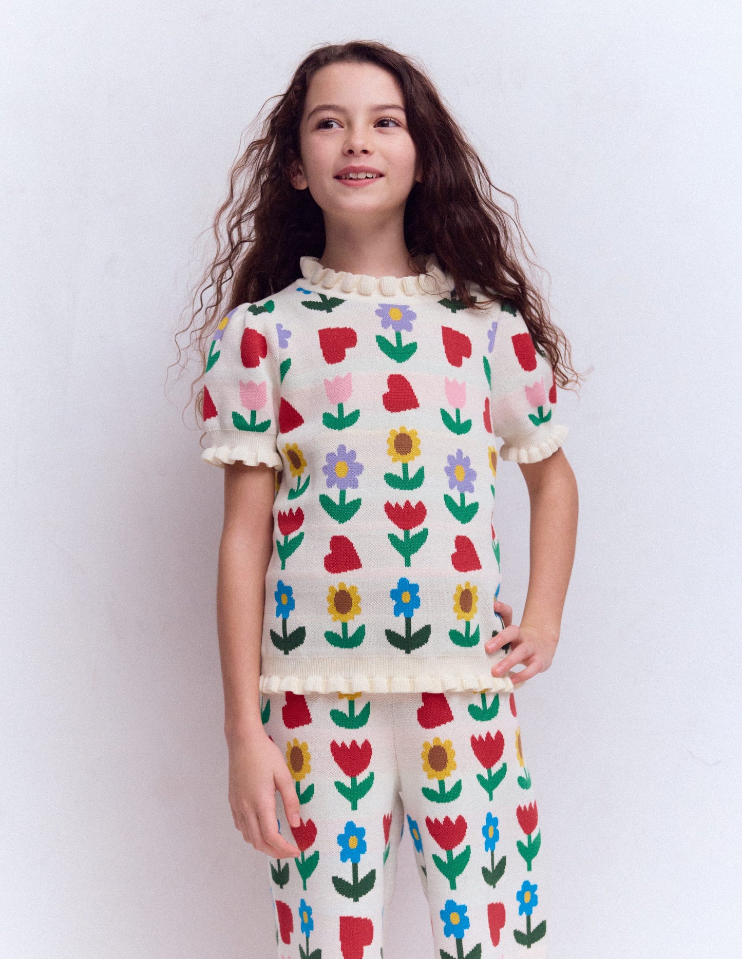 Gestricktes Oberteil mit Rüschen-Beige meliert Sonnenblumengarten