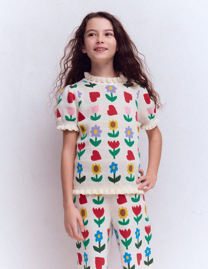 Gestricktes Oberteil mit Rüschen-Beige meliert Sonnenblumengarten-2