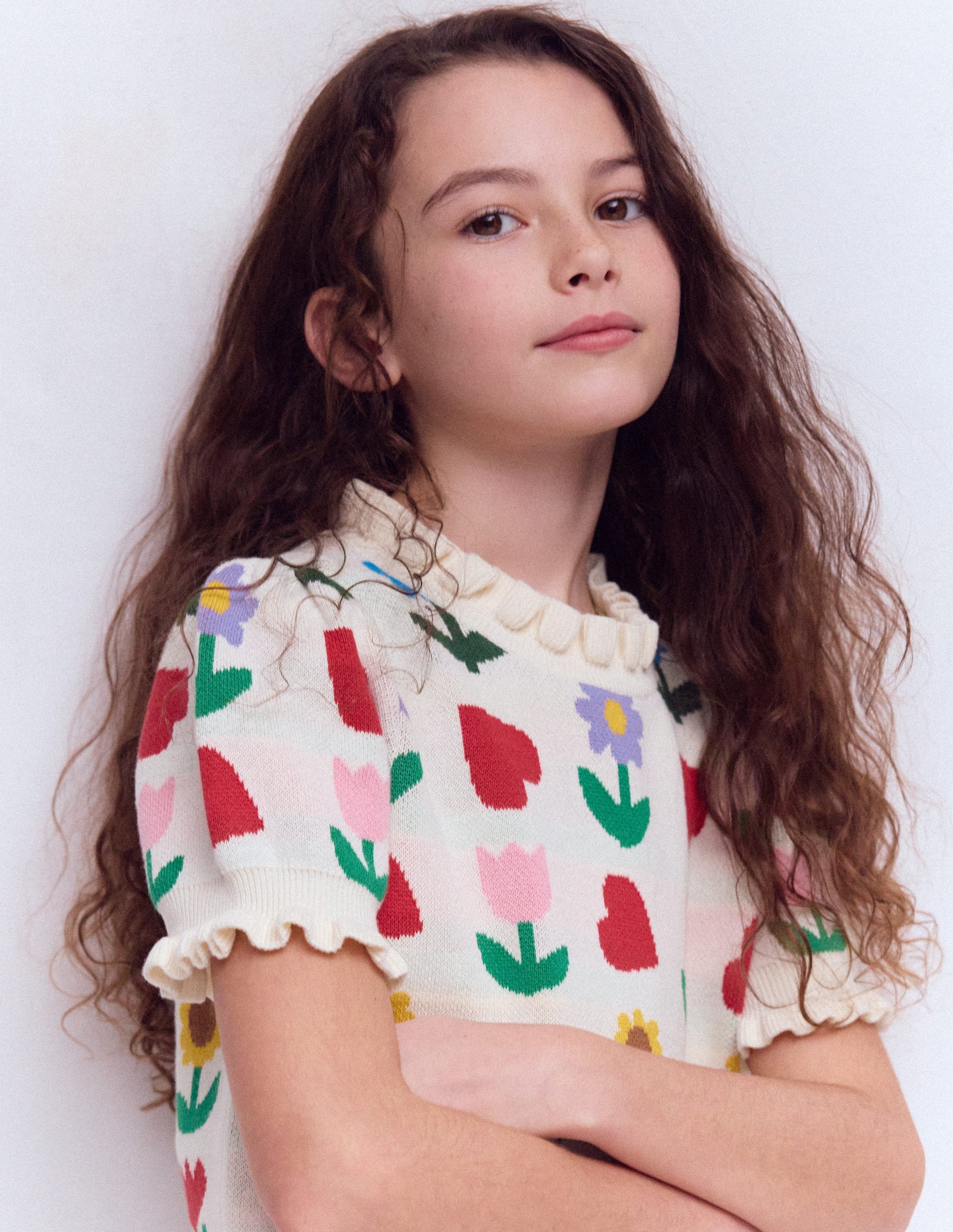 Gestricktes Oberteil mit Rüschen-Beige meliert Sonnenblumengarten-3