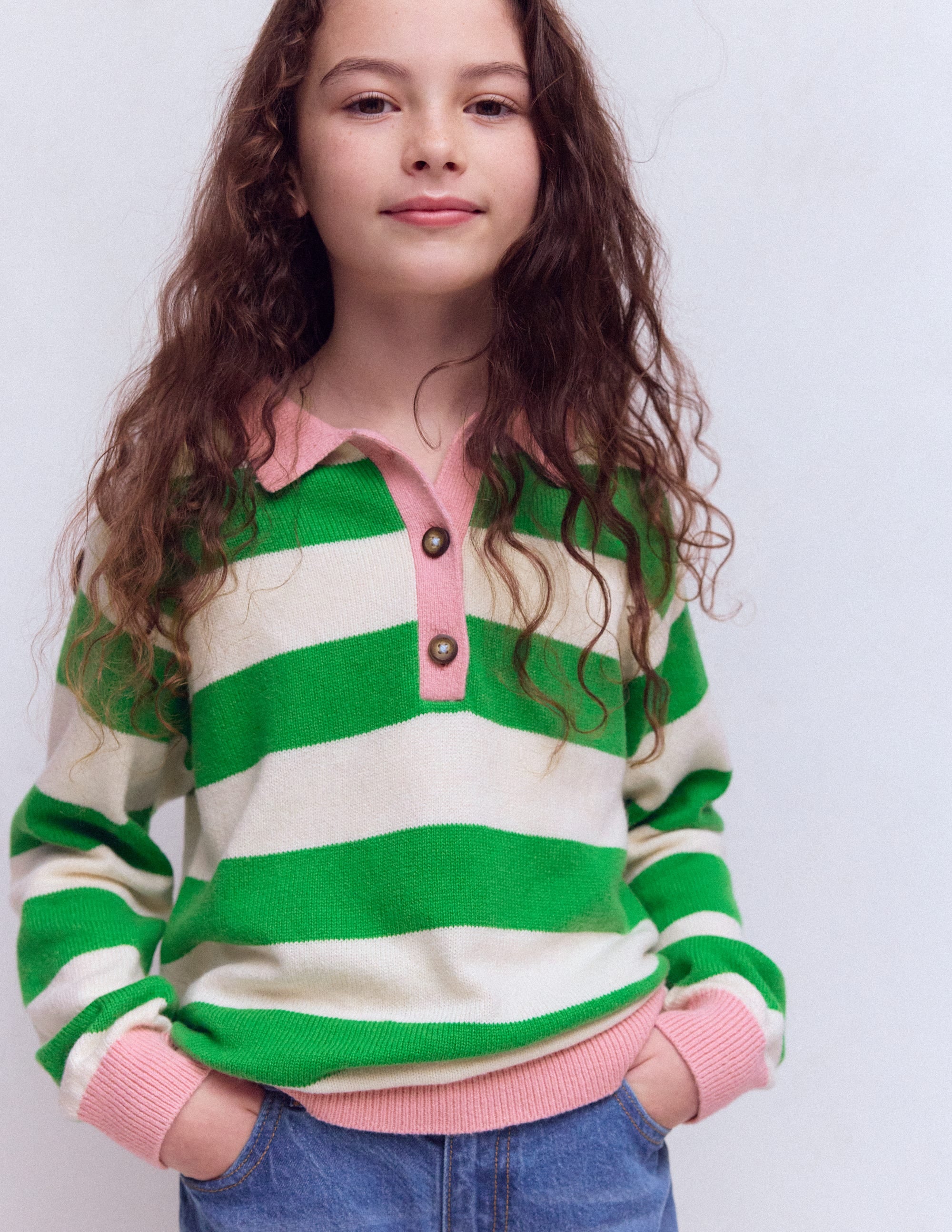 Pull de rugby en maille-Vert petit pois/écru chiné - Image 1