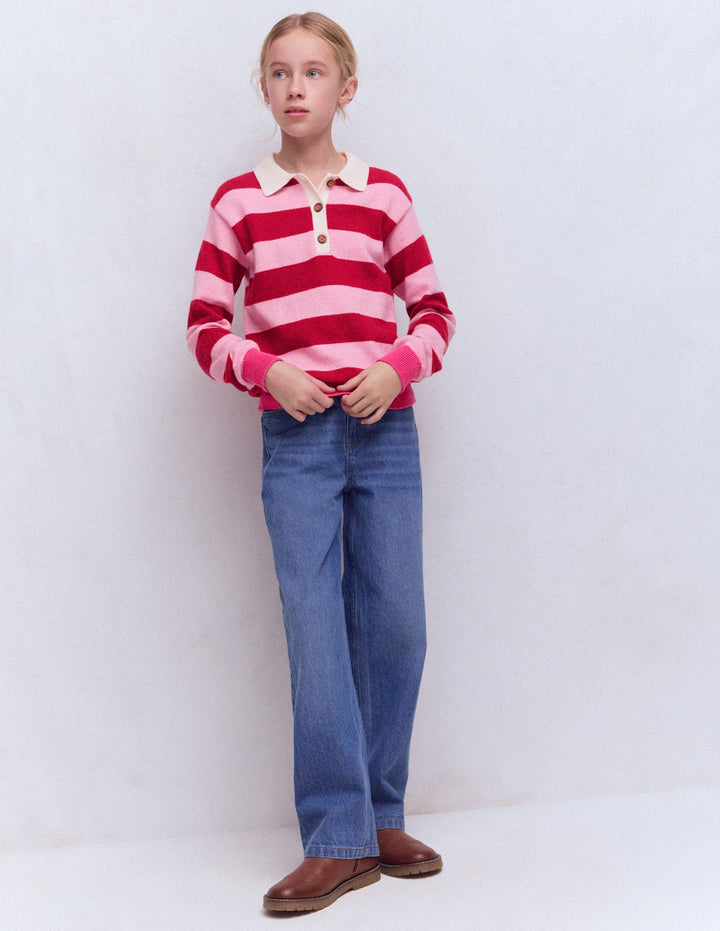 Rugby-Strickpullover-Portwein/Rosa Streifen