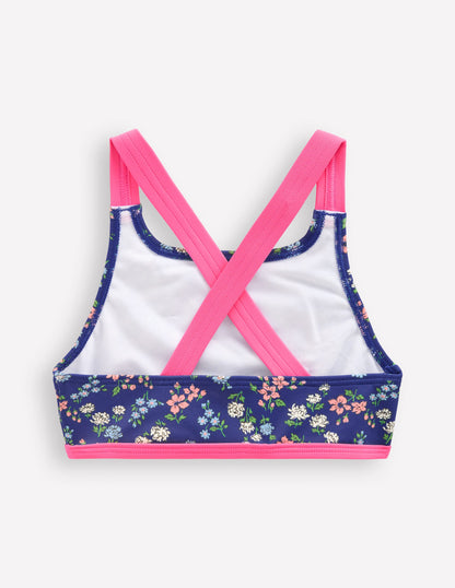 Bikinioberteil mit überkreuzter Rückseite-Saphirblau Wiese Blumenmuster-2