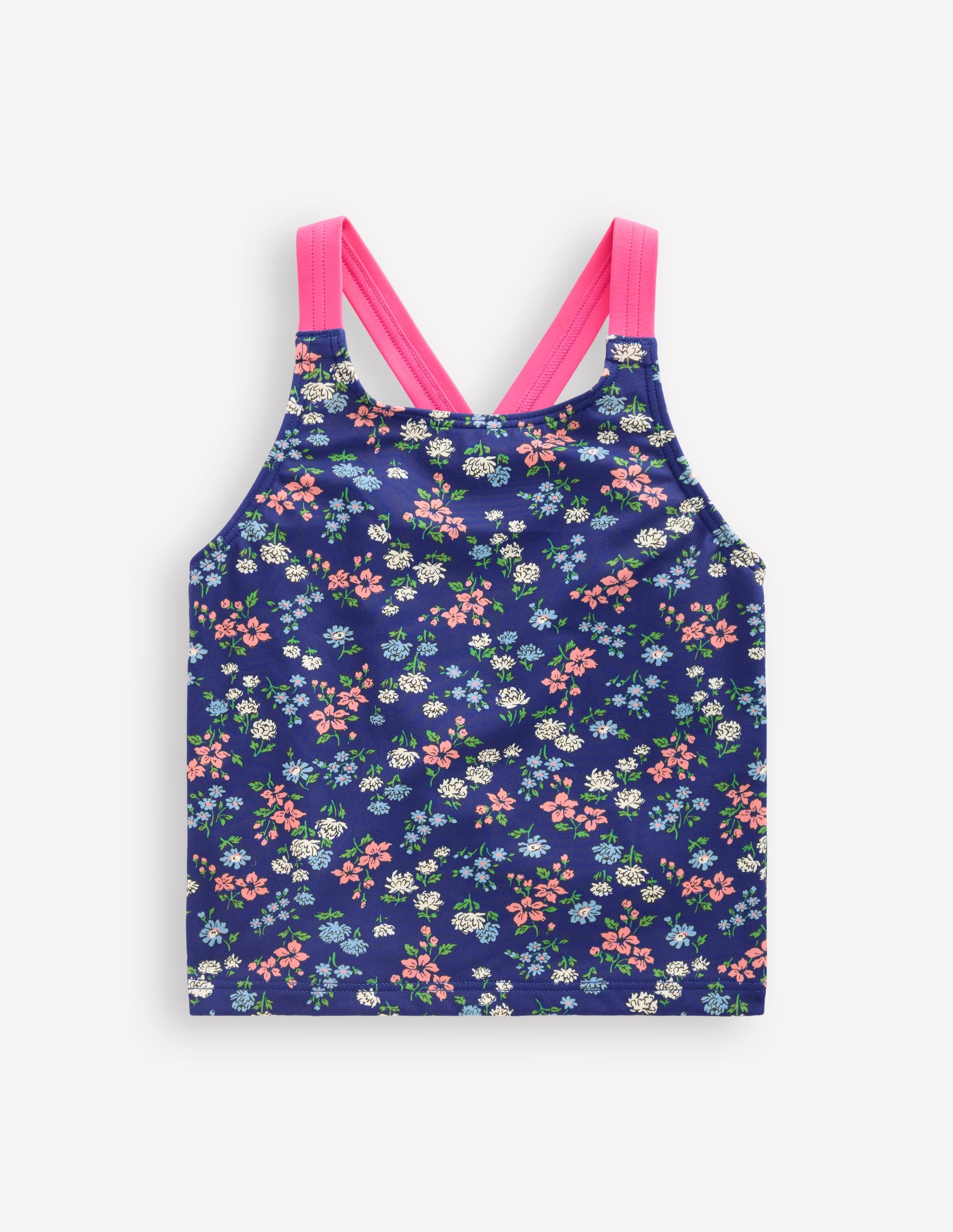 Cross-Back Tankini Top-Sapphire Blue Meadow Floral - Image 1