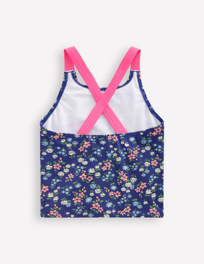 Cross-Back Tankini Top-Sapphire Blue Meadow Floral-2