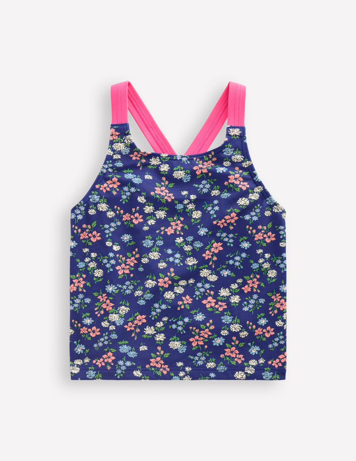 Top de tankini croisé dans le dos-Motif Meadow Floral bleu saphir